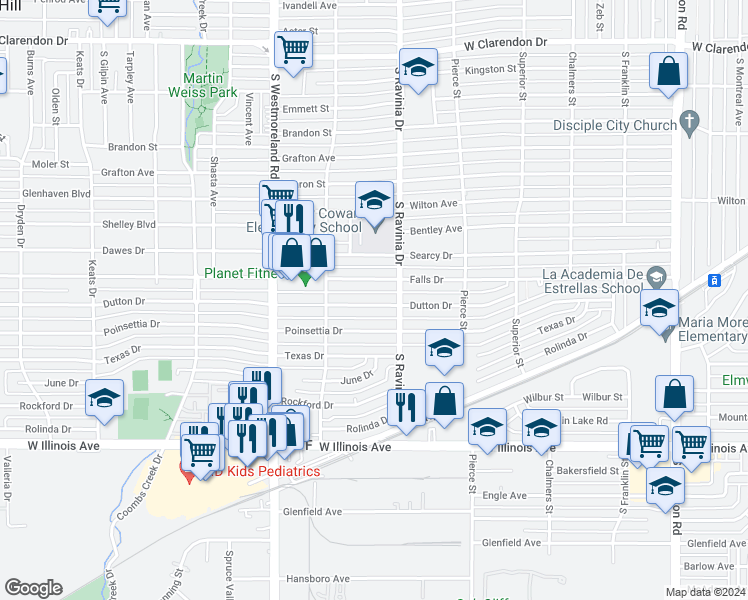map of restaurants, bars, coffee shops, grocery stores, and more near 2927 Dutton Drive in Dallas