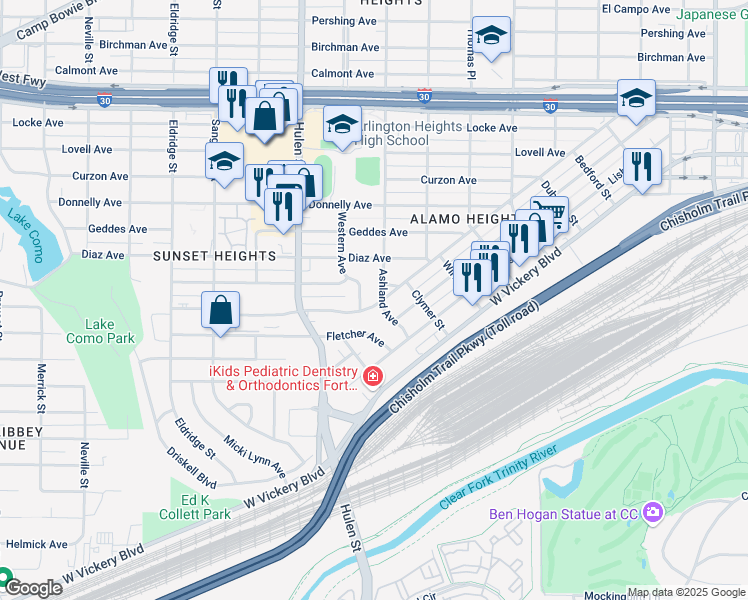 map of restaurants, bars, coffee shops, grocery stores, and more near 4400 Wellesley Avenue in Fort Worth