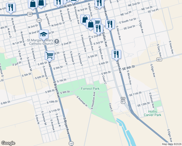 map of restaurants, bars, coffee shops, grocery stores, and more near 801 South Houston Avenue in Lamesa