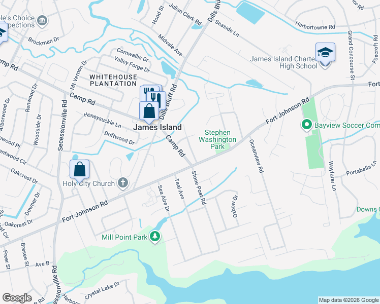 map of restaurants, bars, coffee shops, grocery stores, and more near 1138 Camp Road in Charleston