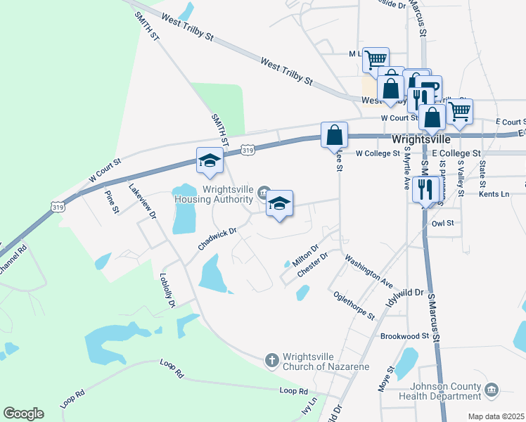 map of restaurants, bars, coffee shops, grocery stores, and more near 150 Herschel Walker Drive in Wrightsville