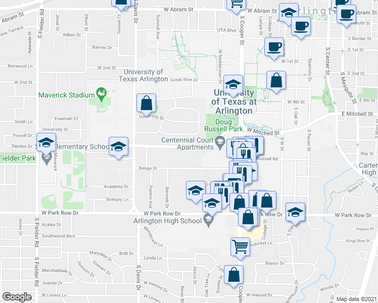 map of restaurants, bars, coffee shops, grocery stores, and more near 900 West Mitchell Street in Arlington