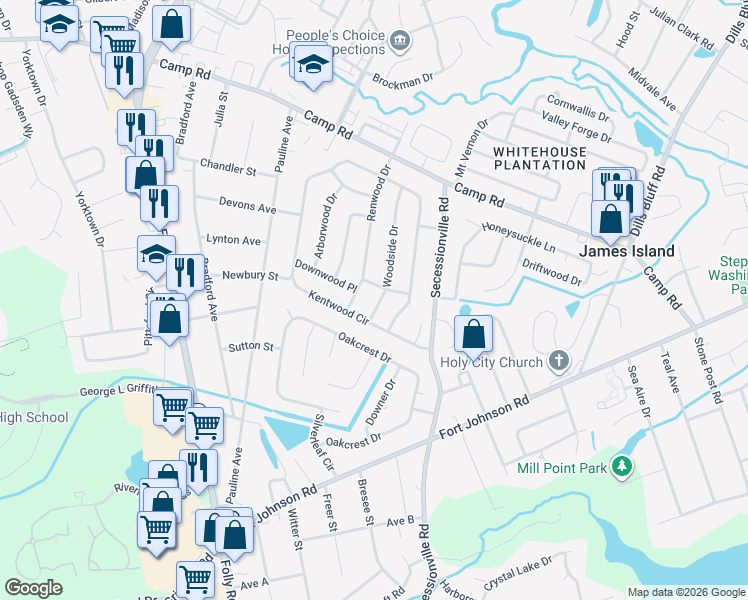 map of restaurants, bars, coffee shops, grocery stores, and more near 1097 Woodside Drive in Charleston