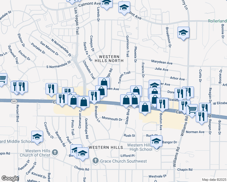 map of restaurants, bars, coffee shops, grocery stores, and more near 8401 Doreen Avenue in Fort Worth