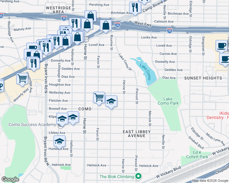 map of restaurants, bars, coffee shops, grocery stores, and more near 5428 Wellesley Avenue in Fort Worth