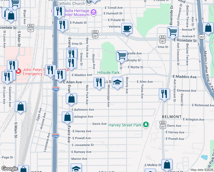 map of restaurants, bars, coffee shops, grocery stores, and more near 1125 Elmwood Avenue in Fort Worth