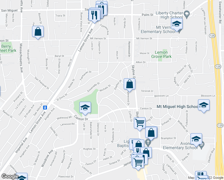 map of restaurants, bars, coffee shops, grocery stores, and more near 1822 Dayton Drive in Lemon Grove