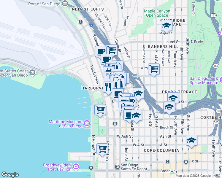 map of restaurants, bars, coffee shops, grocery stores, and more near 949 West Hawthorn Street in San Diego