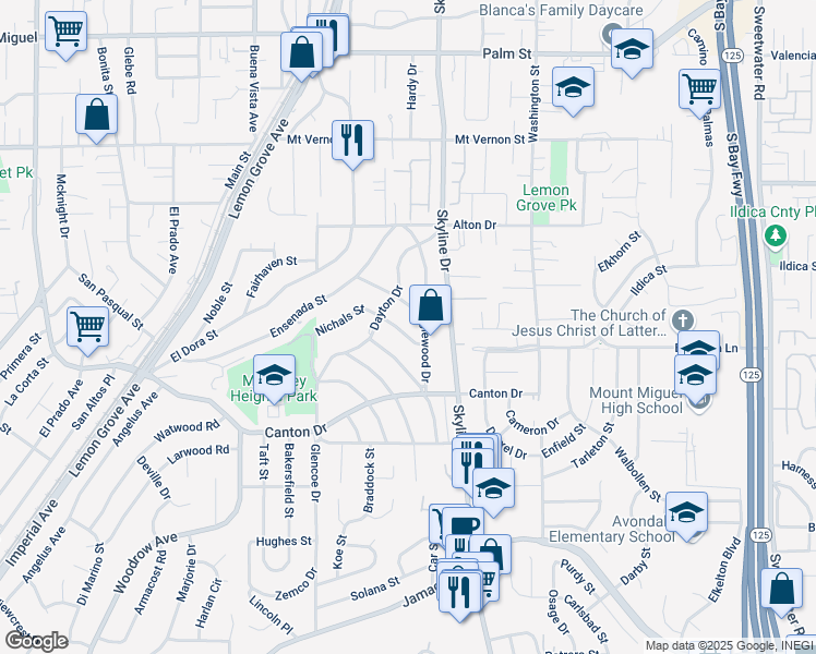 map of restaurants, bars, coffee shops, grocery stores, and more near 7942 Nichals Street in Lemon Grove
