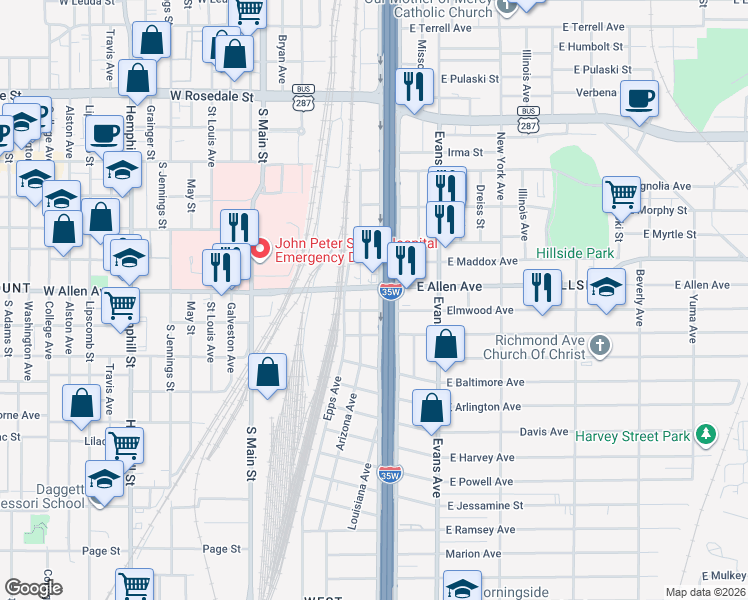 map of restaurants, bars, coffee shops, grocery stores, and more near 1700 South Freeway in Fort Worth