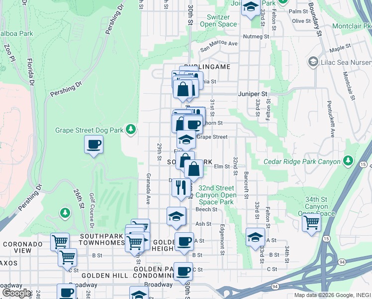 map of restaurants, bars, coffee shops, grocery stores, and more near 3006 Fir Street in San Diego