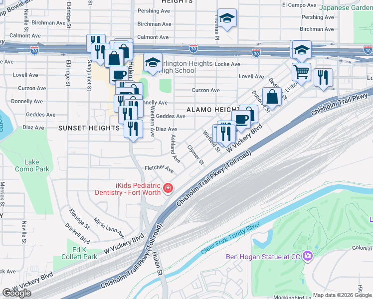 map of restaurants, bars, coffee shops, grocery stores, and more near 4354 Valentine Street in Fort Worth