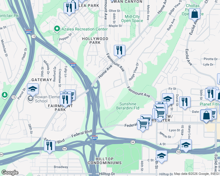 map of restaurants, bars, coffee shops, grocery stores, and more near 1866 Bridgeview Drive in San Diego