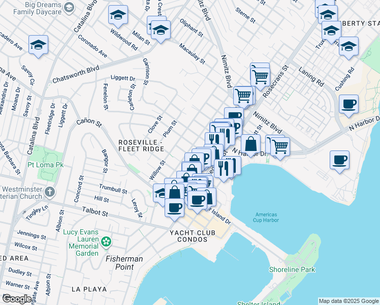 map of restaurants, bars, coffee shops, grocery stores, and more near 3148 Emerson Street in San Diego