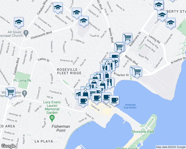 map of restaurants, bars, coffee shops, grocery stores, and more near 3148 Emerson Street in San Diego