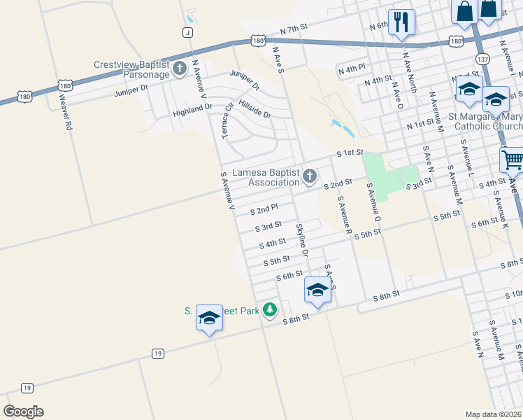 map of restaurants, bars, coffee shops, grocery stores, and more near South 2nd Place in Lamesa