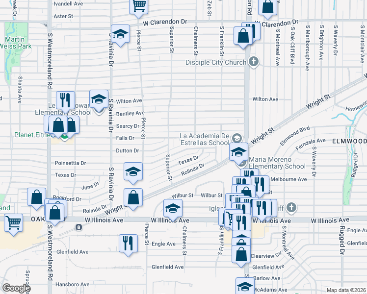 map of restaurants, bars, coffee shops, grocery stores, and more near 2641 Poinsettia Drive in Dallas