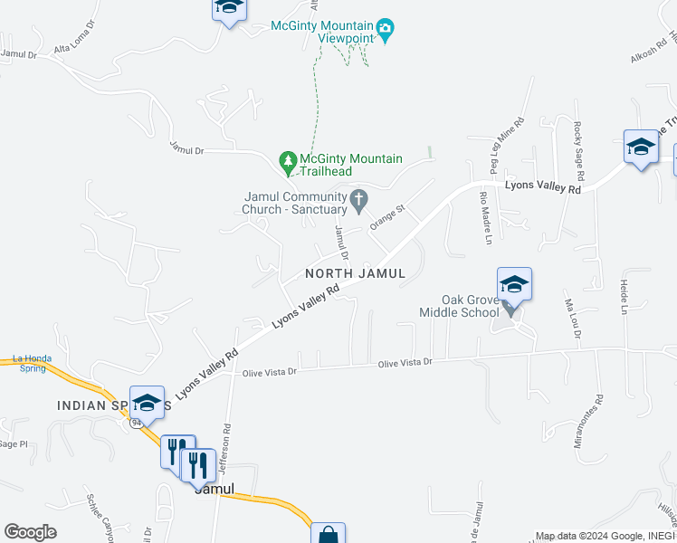 map of restaurants, bars, coffee shops, grocery stores, and more near 14089 Jamul Drive in Jamul