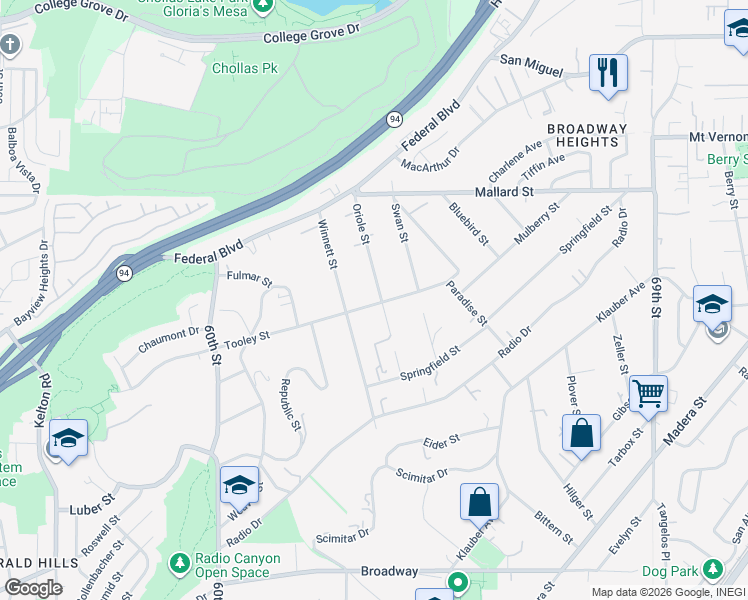 map of restaurants, bars, coffee shops, grocery stores, and more near 6328 Tooley Street in San Diego