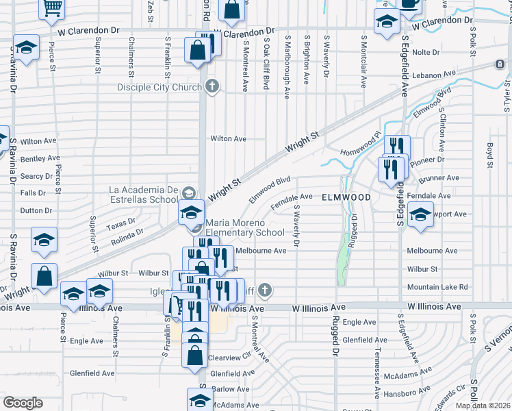 map of restaurants, bars, coffee shops, grocery stores, and more near 2102 Elmwood Boulevard in Dallas