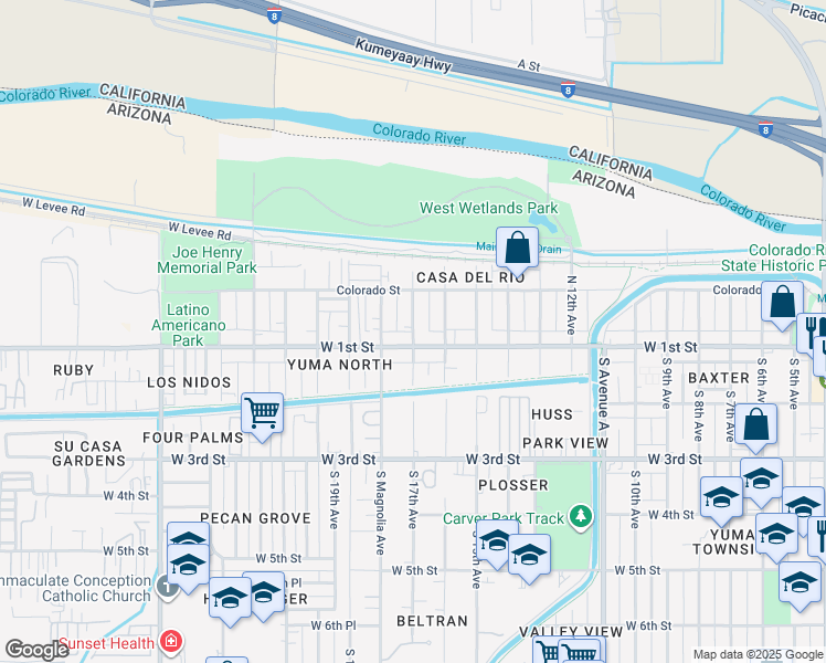 map of restaurants, bars, coffee shops, grocery stores, and more near 125 North 17th Avenue in Yuma