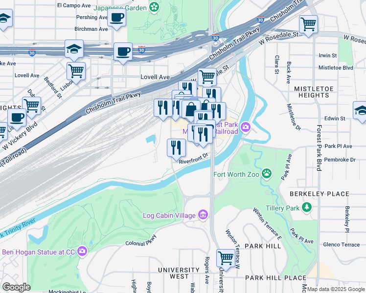 map of restaurants, bars, coffee shops, grocery stores, and more near 3221 Collinsworth Street in Fort Worth
