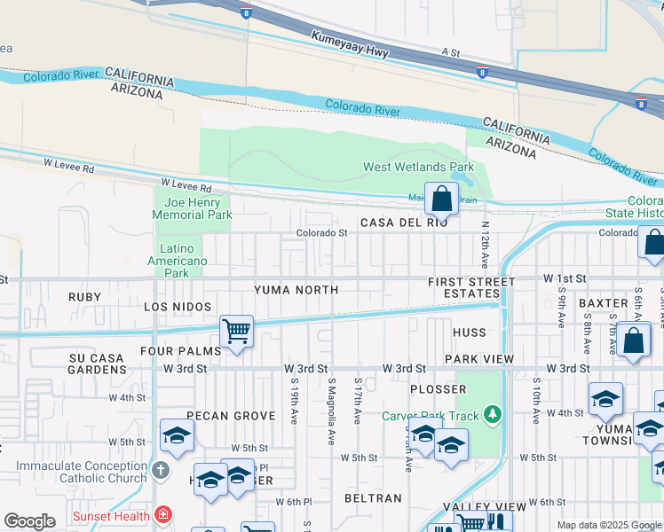 map of restaurants, bars, coffee shops, grocery stores, and more near 128 N 18th Ave in Yuma