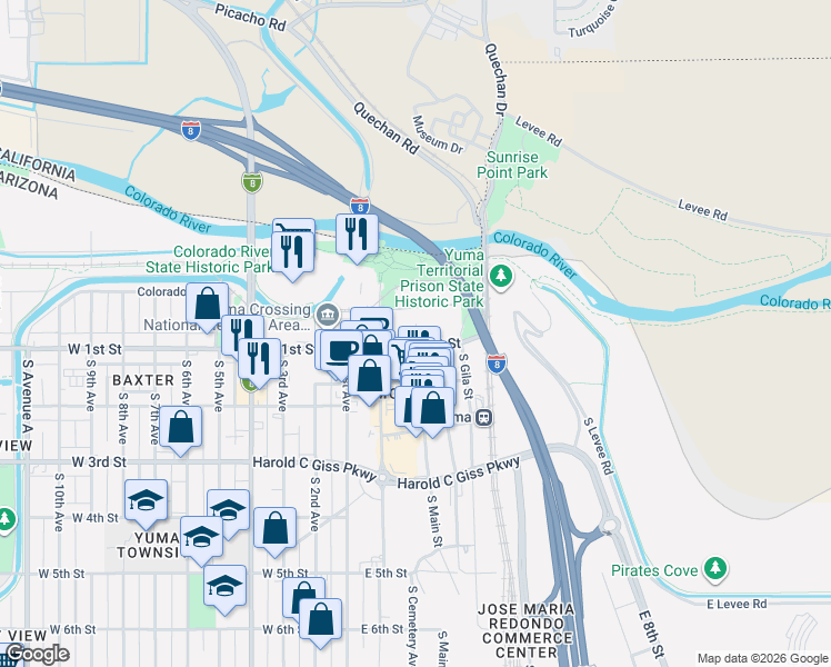 map of restaurants, bars, coffee shops, grocery stores, and more near 106 East 1st Street in Yuma