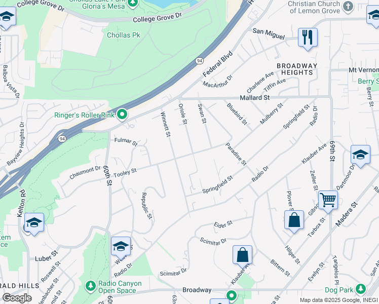 map of restaurants, bars, coffee shops, grocery stores, and more near 6328 Tooley Street in San Diego
