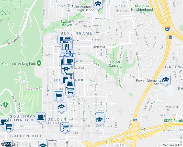 map of restaurants, bars, coffee shops, grocery stores, and more near 1902 32nd Street in San Diego
