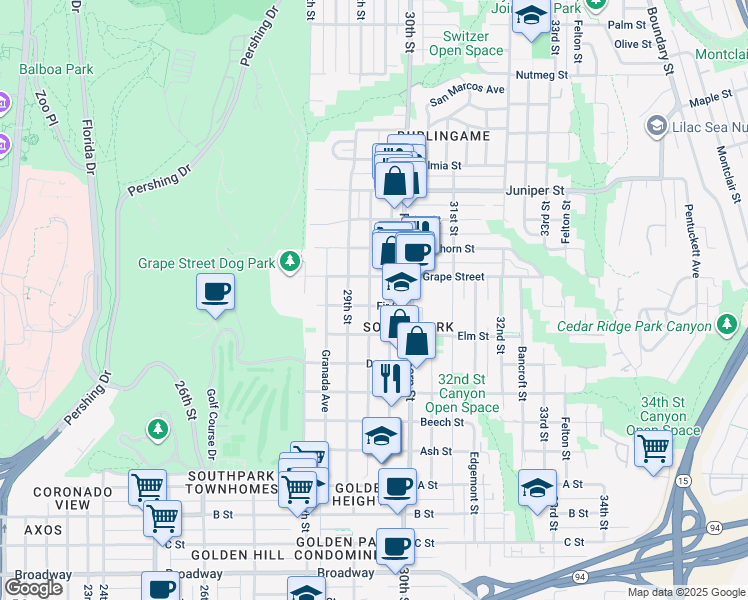 map of restaurants, bars, coffee shops, grocery stores, and more near 2969 Fir Street in San Diego