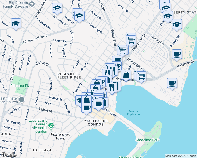 map of restaurants, bars, coffee shops, grocery stores, and more near 3130 Emerson Street in San Diego