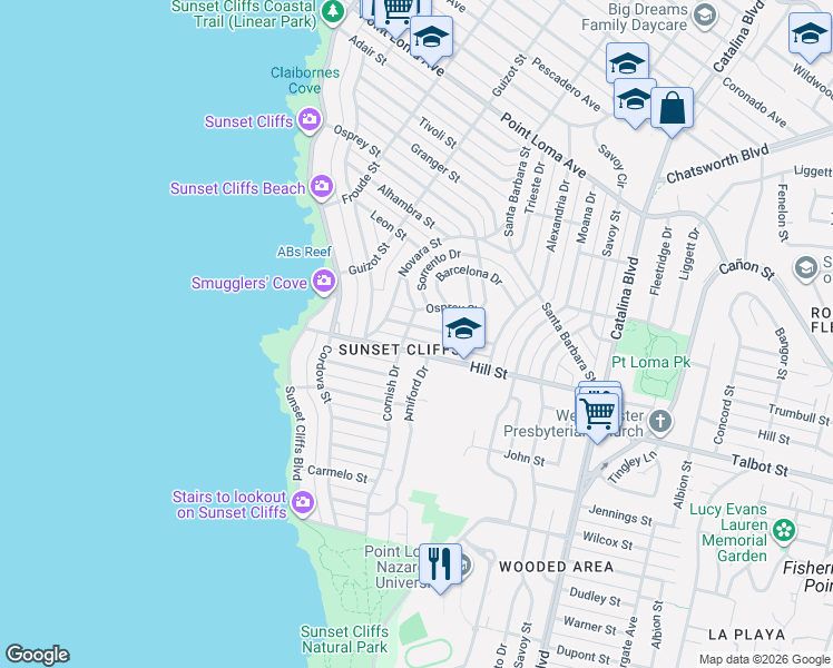 map of restaurants, bars, coffee shops, grocery stores, and more near 4377 Piedmont Drive in San Diego