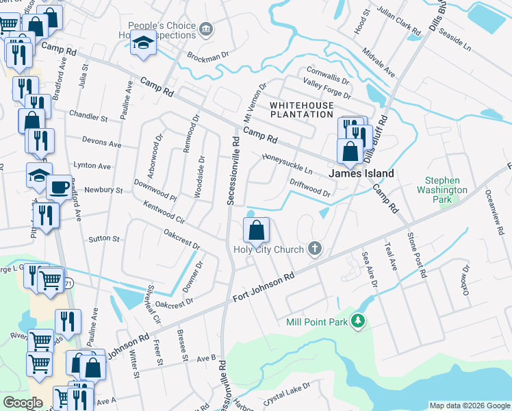 map of restaurants, bars, coffee shops, grocery stores, and more near 1097 Farmington Road in Charleston