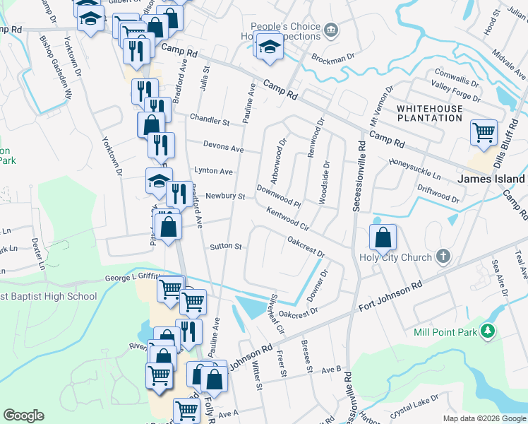 map of restaurants, bars, coffee shops, grocery stores, and more near 1519 Kentwood Circle in Charleston