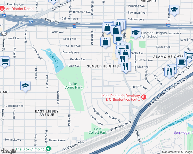 map of restaurants, bars, coffee shops, grocery stores, and more near 4808 Wellesley Avenue in Fort Worth