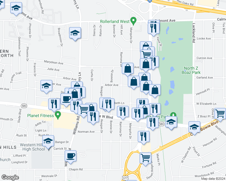 map of restaurants, bars, coffee shops, grocery stores, and more near 3217 Bonnie Drive in Fort Worth