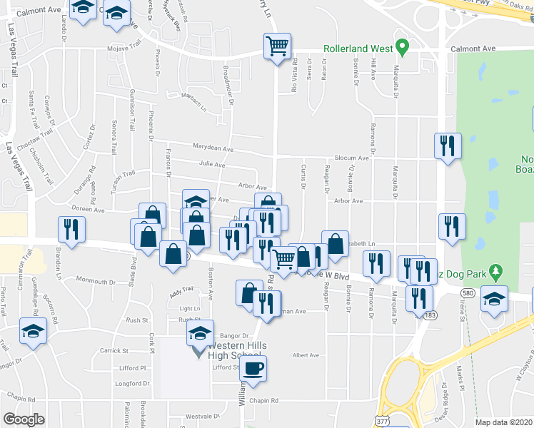 map of restaurants, bars, coffee shops, grocery stores, and more near 3263 Karen Street in Fort Worth