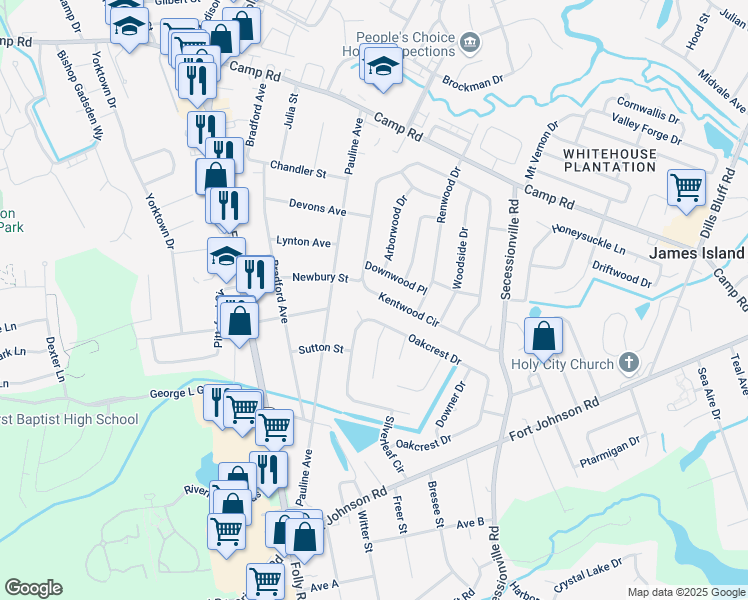 map of restaurants, bars, coffee shops, grocery stores, and more near 1519 Kentwood Cir in Charleston