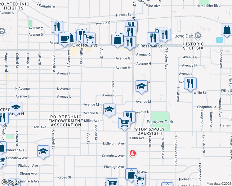 map of restaurants, bars, coffee shops, grocery stores, and more near 4105 Avenue L in Fort Worth