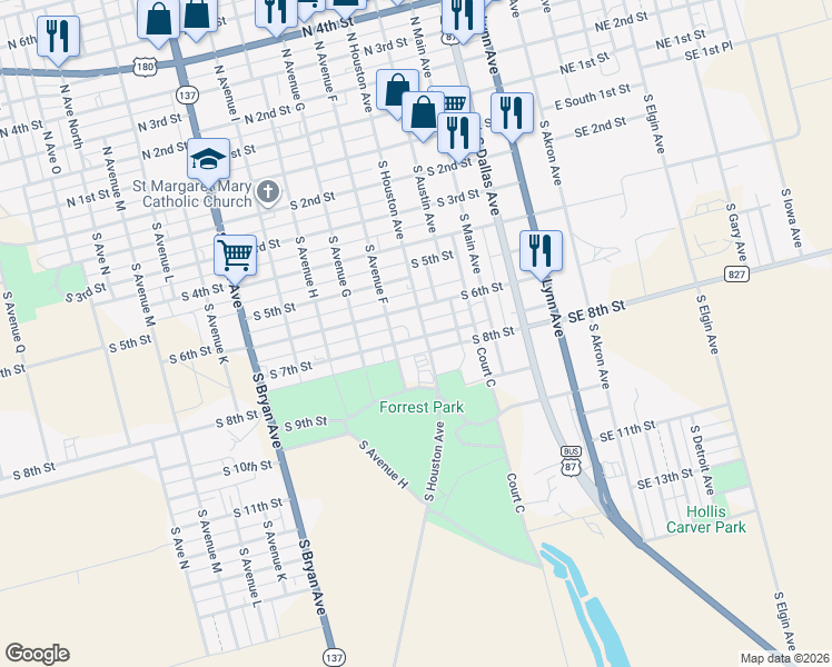 map of restaurants, bars, coffee shops, grocery stores, and more near 801-899 South Houston Avenue in Lamesa
