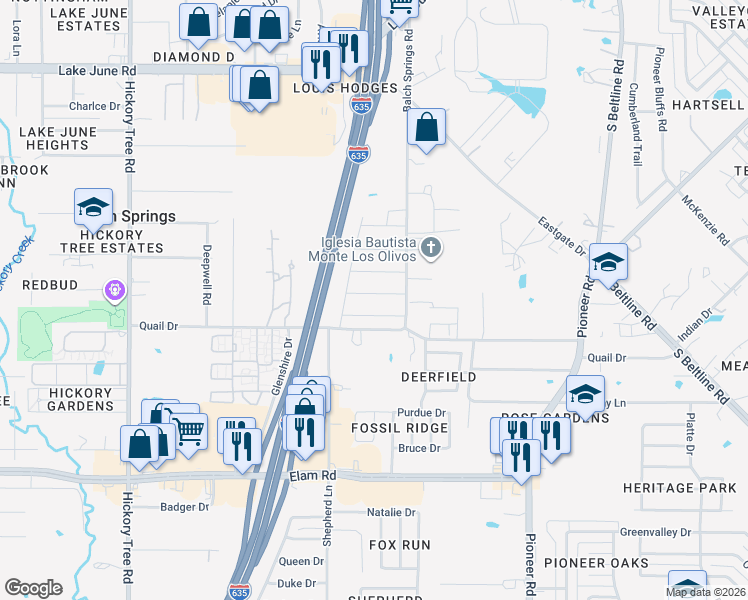 map of restaurants, bars, coffee shops, grocery stores, and more near 12507 Meadowcrest Lane in Balch Springs
