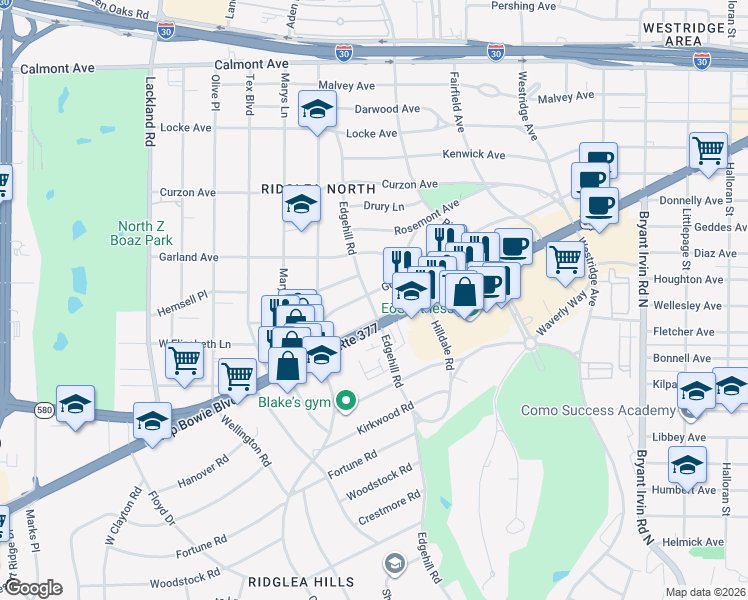 map of restaurants, bars, coffee shops, grocery stores, and more near 6432 Camp Bowie Boulevard in Fort Worth