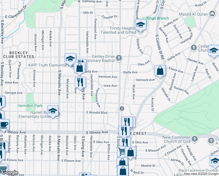 map of restaurants, bars, coffee shops, grocery stores, and more near 1206 Iowa Avenue in Dallas