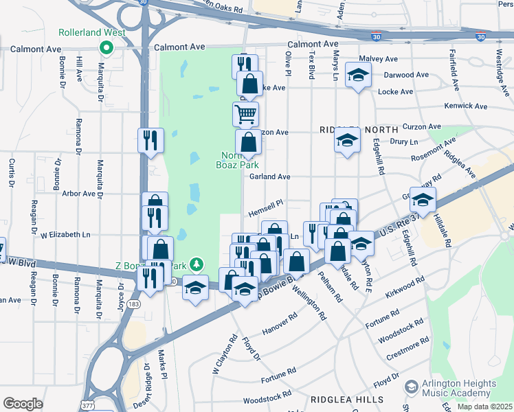 map of restaurants, bars, coffee shops, grocery stores, and more near 6732 Hemsell Pl in Fort Worth