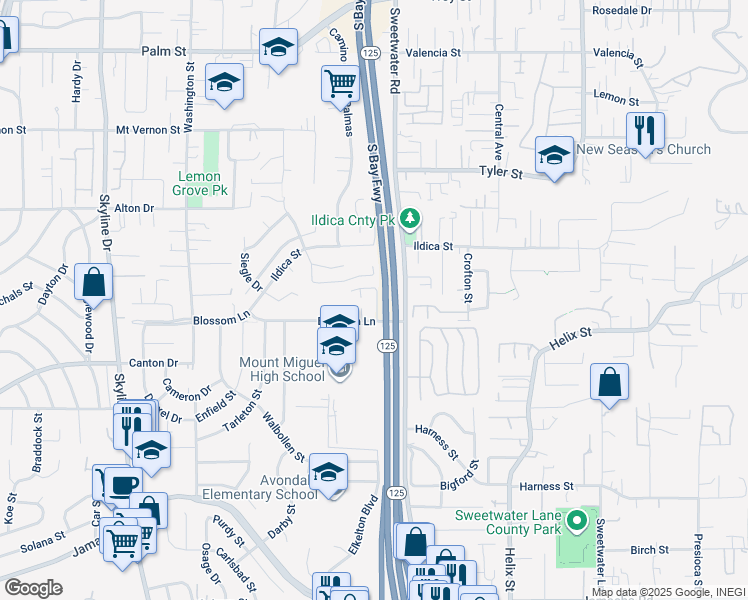 map of restaurants, bars, coffee shops, grocery stores, and more near 1882 Sweetwater Drive in Lemon Grove