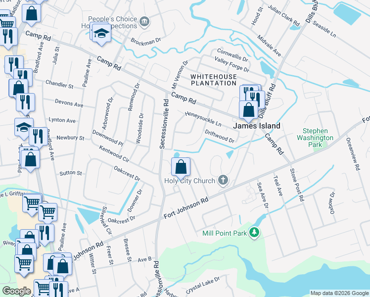 map of restaurants, bars, coffee shops, grocery stores, and more near 1097 Farmington Road in Charleston