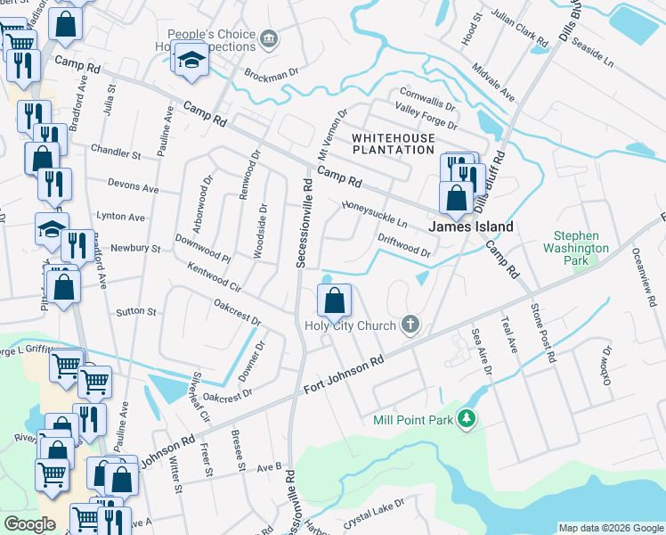 map of restaurants, bars, coffee shops, grocery stores, and more near 1097 Farmington Road in Charleston