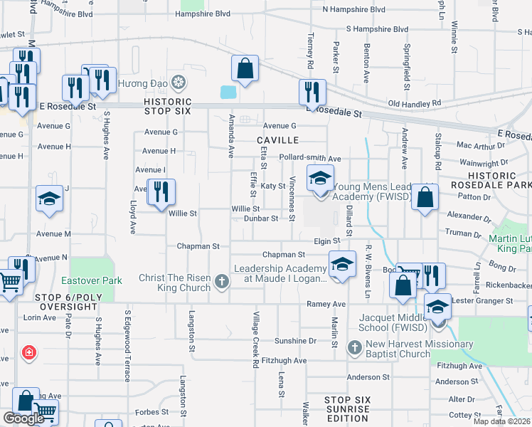 map of restaurants, bars, coffee shops, grocery stores, and more near 4966 Willie Street in Fort Worth