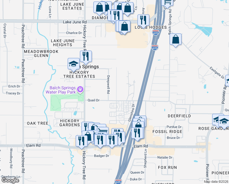 map of restaurants, bars, coffee shops, grocery stores, and more near 3204 Sherry Lane in Balch Springs